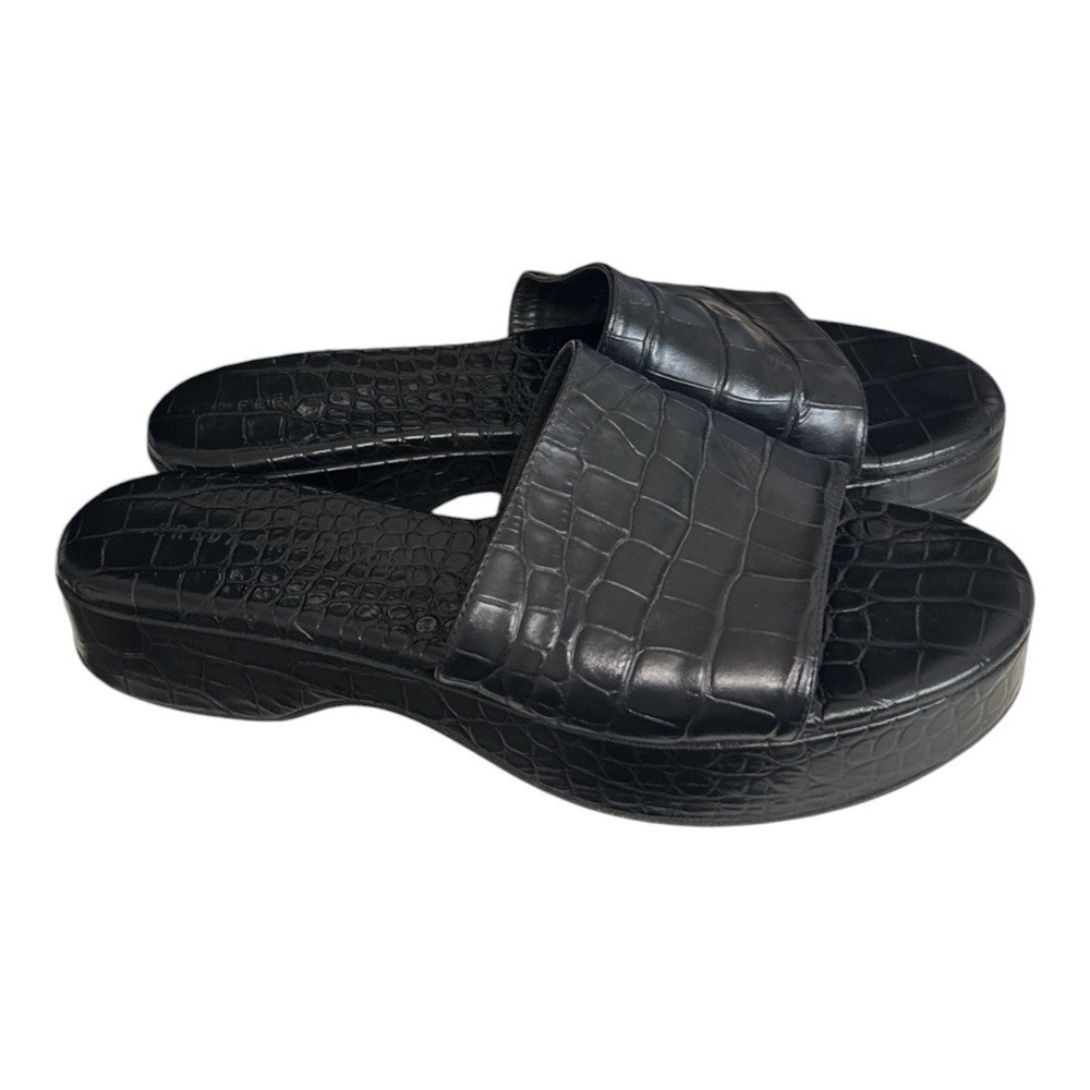 Freda Salvador Womens 9 Black Croc Embossed Leather Platform Slide Sandals Diana